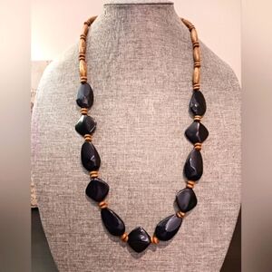 Bohemian Necklace w/ Black Plastic and Natural Wooden Beads - Pre-loved (28")